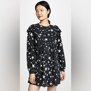 FARM RIO stardust mini dress medium ruffles black and white star print